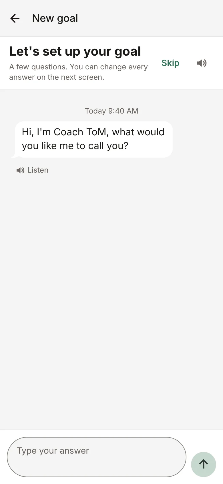 First run: no sign-up, the app opens straight into a conversation with Coach ToM